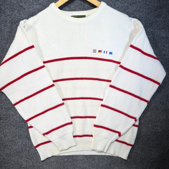 Croft & Barrow Nautical Striped Sweater Men M White Flags Logo Vintage USA Made